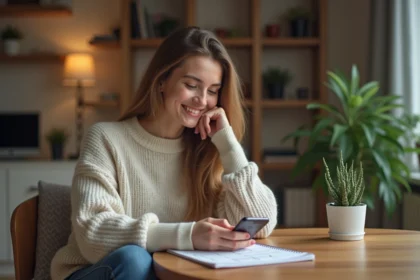 Jeune femme souriante utilisant son smartphone à la maison