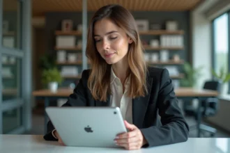 Femme professionnelle examine deux tablettes en bureau moderne