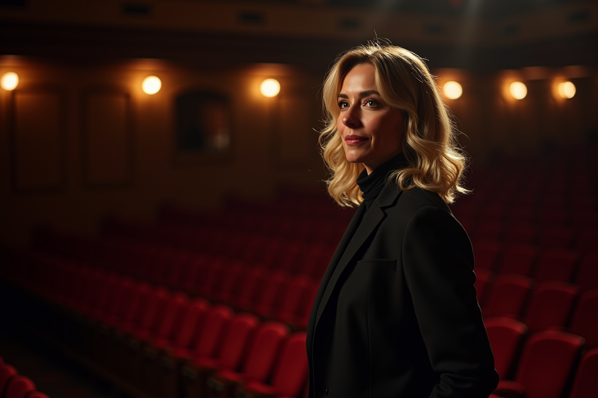 Femme en coulisses de théâtre avec éclairage dramatique