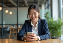 Traduction vocale en temps réel : application innovante à découvrir ! Jeune femme souriante utilisant un smartphone pour traduction