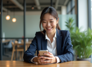 Traduction vocale en temps réel : application innovante à découvrir ! Jeune femme souriante utilisant un smartphone pour traduction