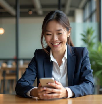 Traduction vocale en temps réel : application innovante à découvrir ! Jeune femme souriante utilisant un smartphone pour traduction