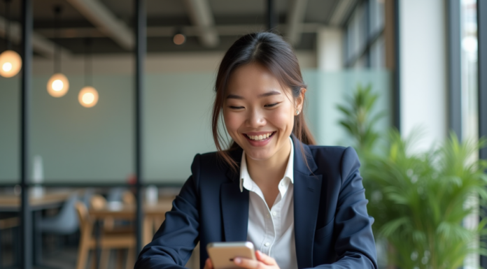 Jeune femme souriante utilisant un smartphone pour traduction