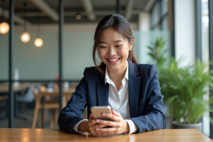 Jeune femme souriante utilisant un smartphone pour traduction