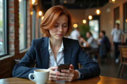 Femme transgenre vérifiant son téléphone dans un café avant un premier rendez-vous, illustrant la préparation et la vigilance pour une rencontre sécurisée