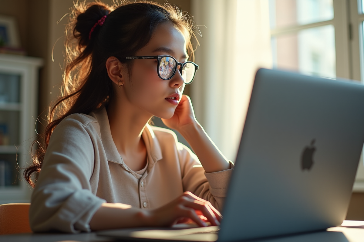 Jeune femme travaillant sur son ordinateur dans une pièce lumineuse