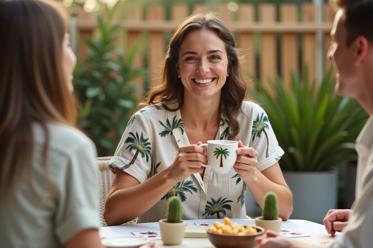 Jeune femme souriante tenant un verre palmier lors d'une partie de jeu en terrasse entourée de décorations tropicales et de snacks