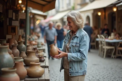 Femme souriante inspectant un vase en videgrenier en plein air