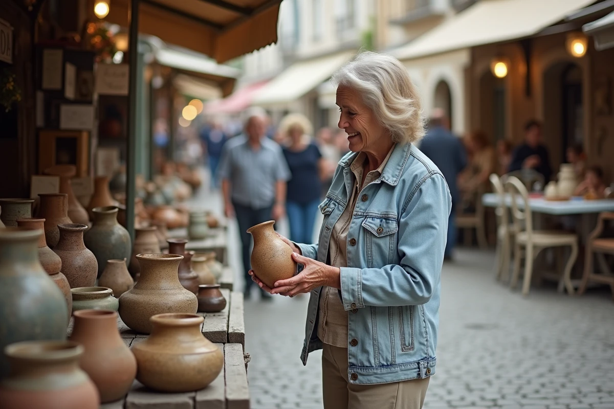 Femme souriante inspectant un vase en videgrenier en plein air