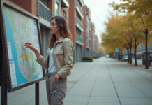 Jeune femme étudie un plan de ville en extérieur