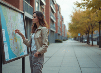 Jeune femme étudie un plan de ville en extérieur