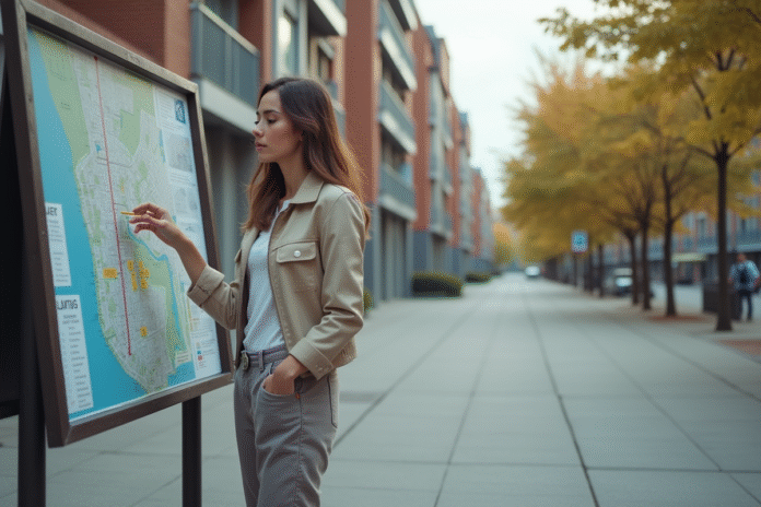 Jeune femme étudie un plan de ville en extérieur