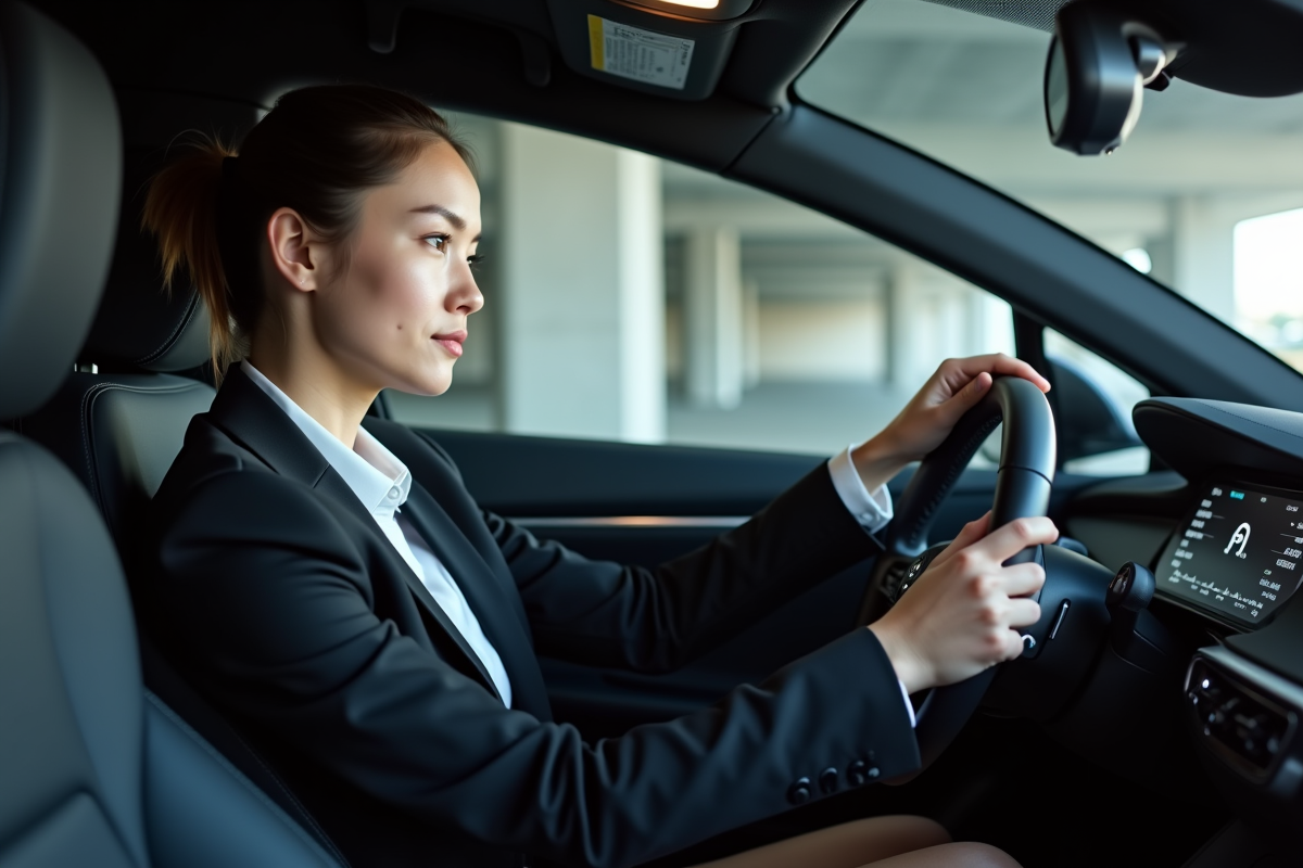 Jeune femme vérifiant le tableau de bord d