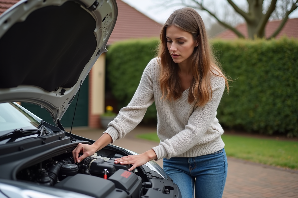 Jeune femme examinant le moteur d