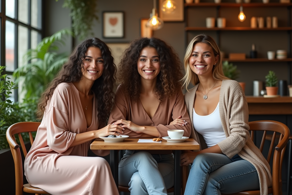 Trois femmes souriantes dans un café convivial