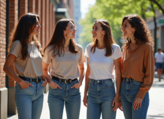 Morphologie : Quelle silhouette attire le plus les hommes ? Quatre femmes dans la rue urbaine en tenue décontractée