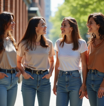 Morphologie : Quelle silhouette attire le plus les hommes ? Quatre femmes dans la rue urbaine en tenue décontractée