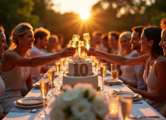 Fête dans un jardin avec table décorée pour anniversaire 10 ans