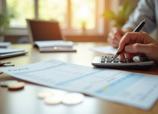 Focus sur le salaire : de 1850 euros brut à combien en net ? Fiche de paie et calculatrice sur un bureau lumineux