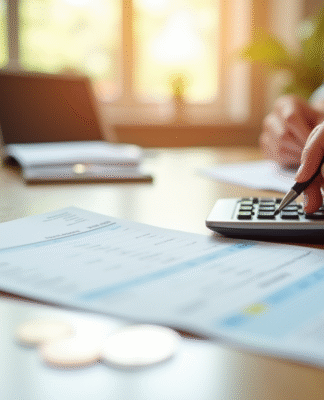 Fiche de paie et calculatrice sur un bureau lumineux
