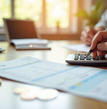 Fiche de paie et calculatrice sur un bureau lumineux