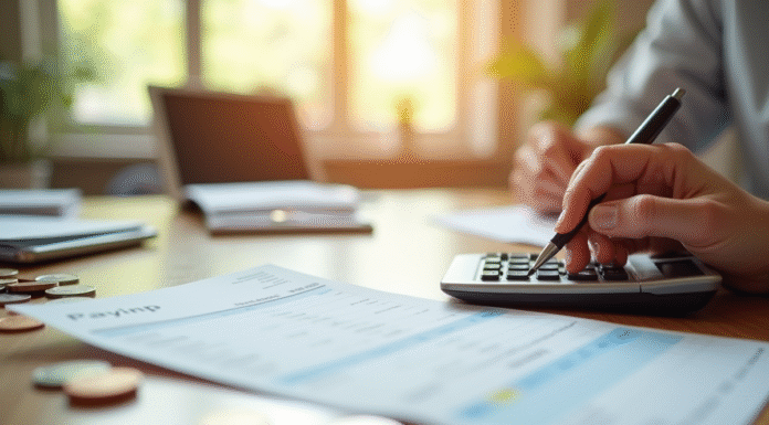 Fiche de paie et calculatrice sur un bureau lumineux