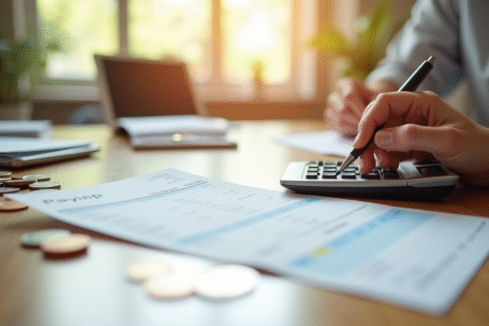 fiche-de-paie-calculatrice-euros Fiche de paie et calculatrice sur un bureau lumineux