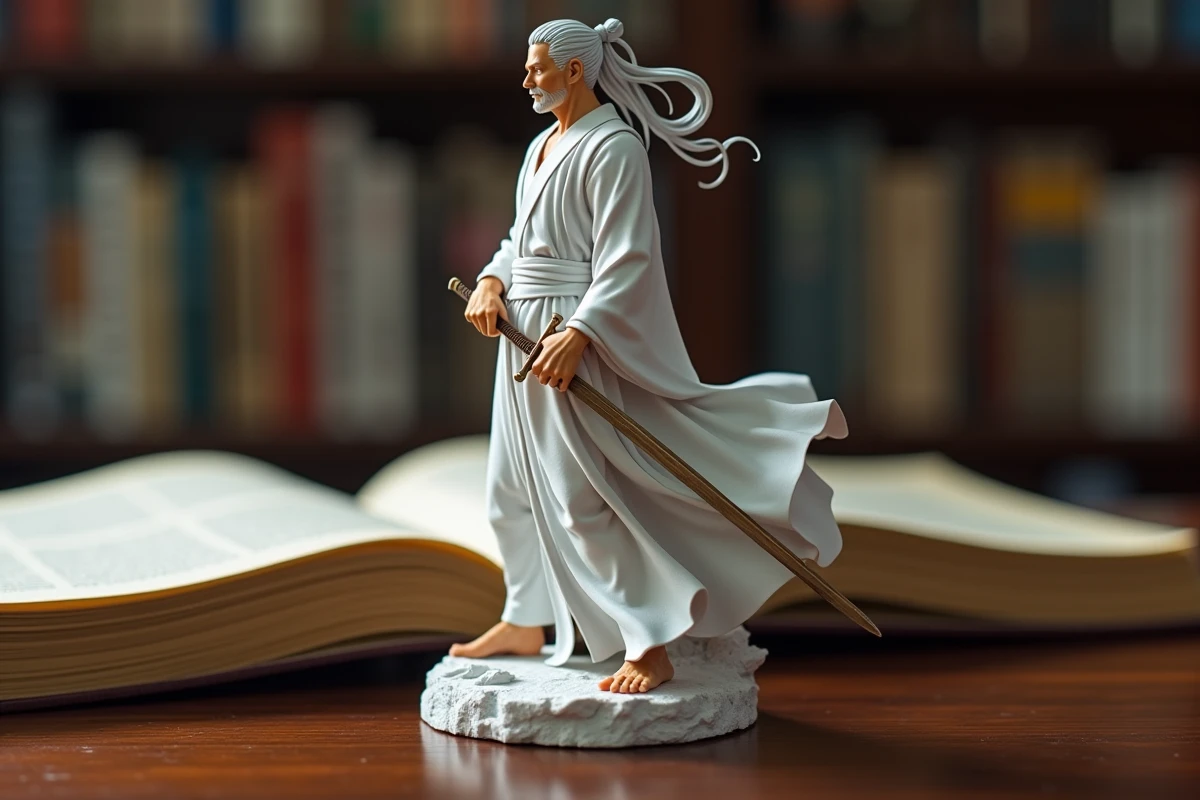 Figurine collector du personnage Saint Garling Figarland de One Piece posée sur un bureau avec des volumes de manga ouverts