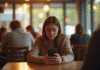 Jeune femme seule au café regardant son smartphone