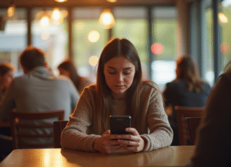 Jeune femme seule au café regardant son smartphone