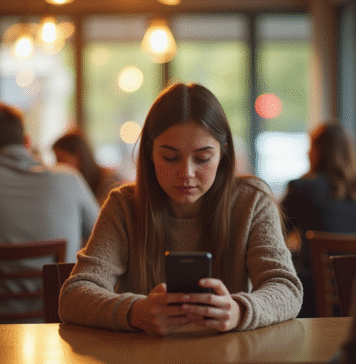 Jeune femme seule au café regardant son smartphone
