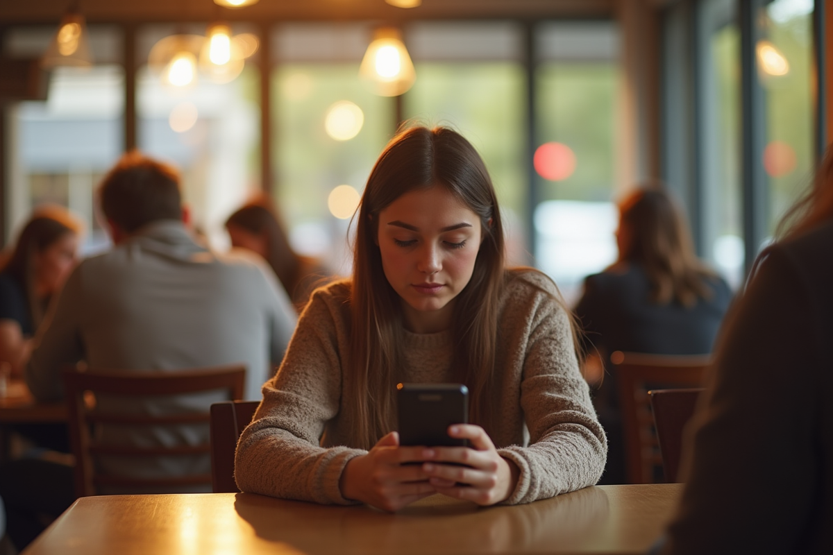 Jeune femme seule au café regardant son smartphone