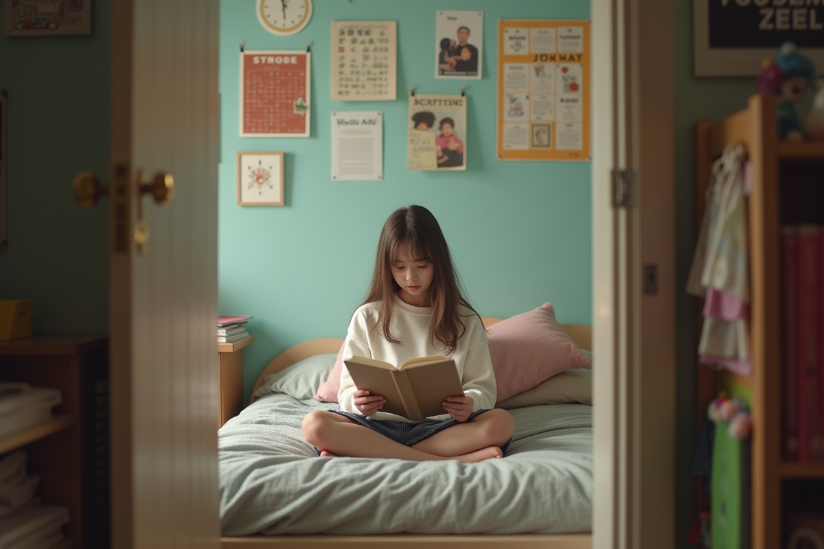 Fille de 15 ans lisant tranquillement dans sa chambre