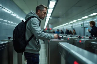 Homme vérifiant son titre de transport devant un portique de métro parisien, illustrant la problématique de la fraude occasionnelle RATP