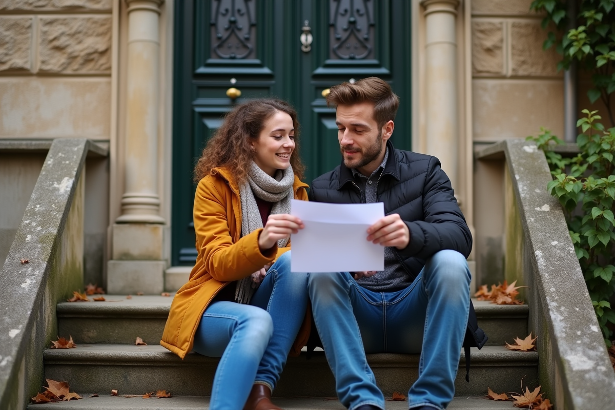 Freres et soeurs regardant des papiers devant une maison