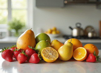 Sélection de fruits frais commençant par S sur un plan de travail moderne