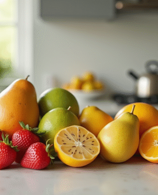 Sélection de fruits frais commençant par S sur un plan de travail moderne