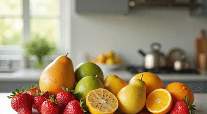 Sélection de fruits frais commençant par S sur un plan de travail moderne