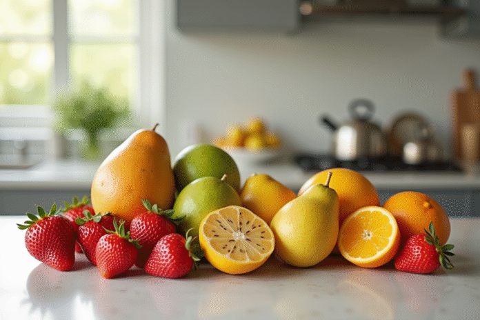 fruits-frais-s-starting-letter-s Sélection de fruits frais commençant par S sur un plan de travail moderne