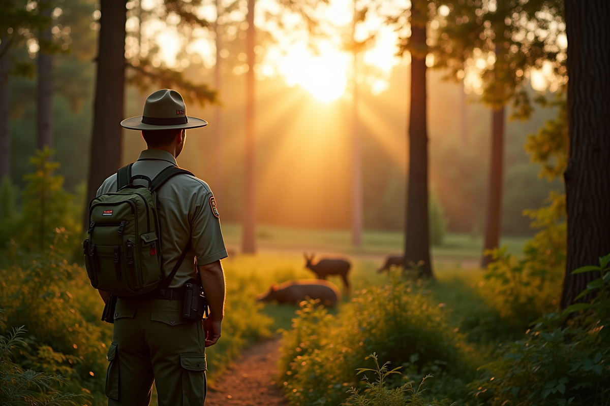 Gardien de parc observant la faune dans une forêt au lever du soleil