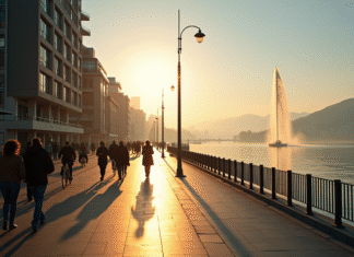 Scène urbaine matinale à Genève avec Jet d'Eau et reflet sur le lac