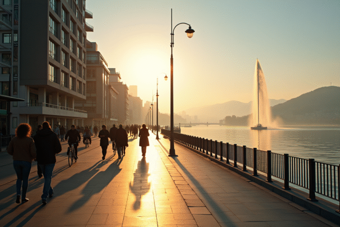 Scène urbaine matinale à Genève avec Jet d'Eau et reflet sur le lac