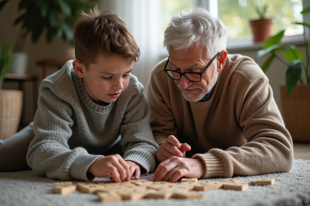 Grand-pere et enfant organisant des mots au Scrabble