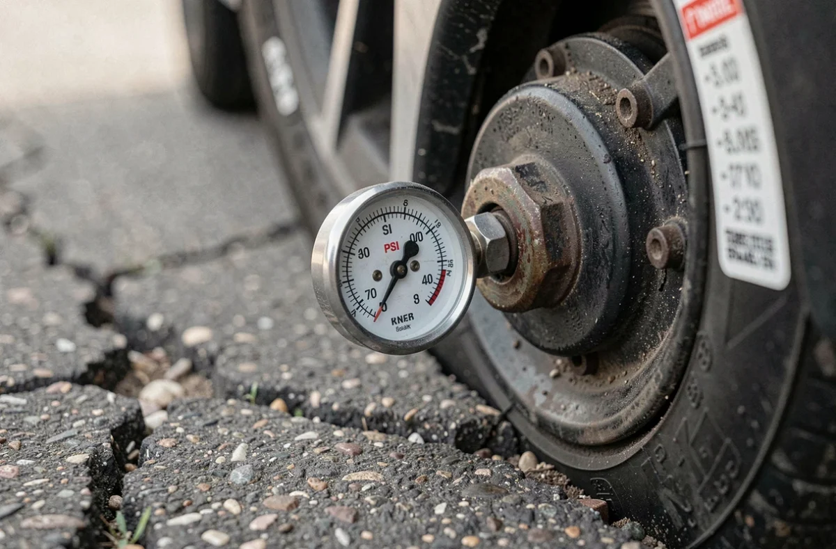 Gros plan sur un manomètre de pneu montrant les unités PSI et bar fixé sur une valve de roue de voiture