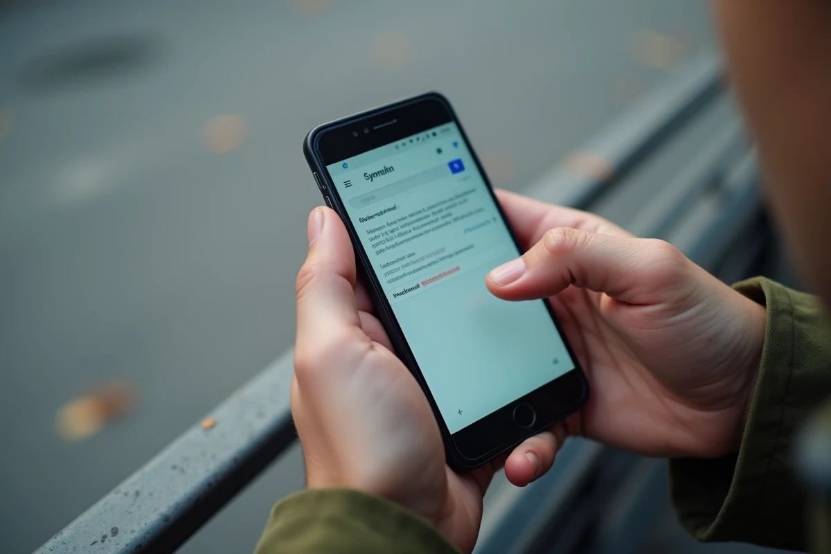 Gros plan sur un smartphone affichant un résultat de recherche suspect, avec un doigt hésitant au-dessus de l'écran