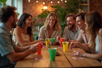 Groupe d'amis jouant au jeu du Palmier autour d'une table décorée avec des verres tropicaux et des cartes à jouer lors d'une soirée animée