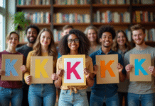 Groupe diversifié avec cartes K en fonts artistiques