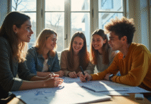 Groupe d'étudiants en ingénierie dans un lounge lumineux