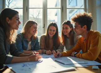 Groupe d'étudiants en ingénierie dans un lounge lumineux