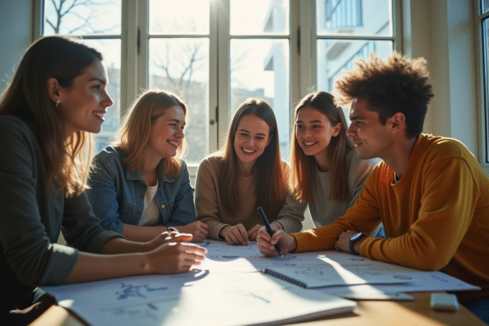 Groupe d'étudiants en ingénierie dans un lounge lumineux